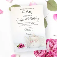 Vintage Teapot and Pink Roses Birthday Party Invitation