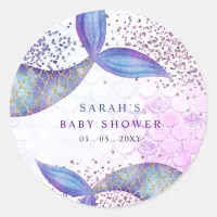 Purple Glitter Mermaid Baby Shower  Classic Round Sticker