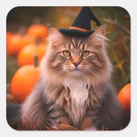 Norwegian Forest Cat In A Witches Hat & Pumpkins  Square Sticker