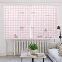 Girly Pastel Pink Gingham Plaid Sheer Curtains