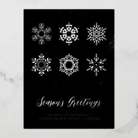 Modern Navy Silver Snowflakes Business     Foil Holiday Postcard