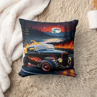 Classic hot rod cruising by a fiery river at dusk throw pillow