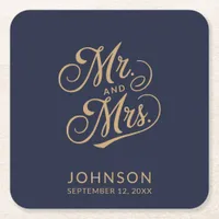 Wedding Favor Mr & Mrs Elegant Script Name Modern Square Paper Coaster