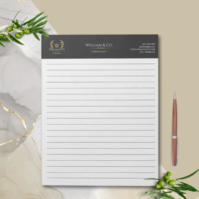 Classic Laurel Wreath Black Gold Monogram Notepad