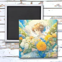 Anime Girl in Yellow and Blue Flowers Magnet