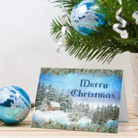 Merry Christmas Watercolor Snowy Cabin in Woods Holiday Card