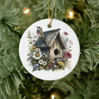 Watercolor Birdhouse Personalized Christmas Ceramic Ornament