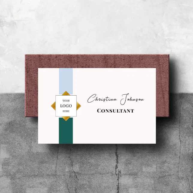 Trendy Green Stripes Gold Logo Business Card