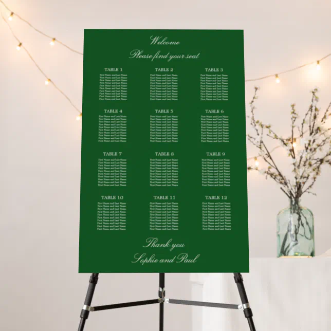 Dark Green 12 Table Wedding Seating Chart Foam Board