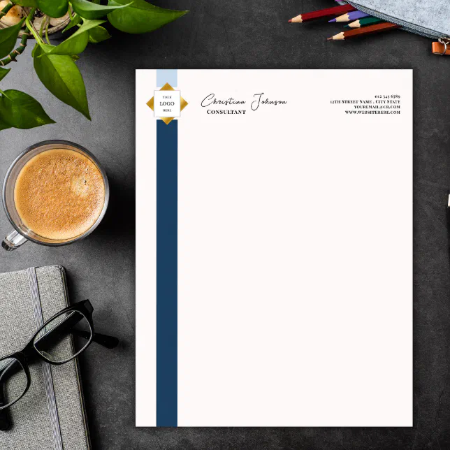 Trendy Blue Stripes Gold Logo Letterhead