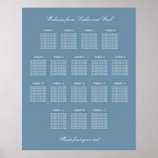 Dusty Blue 17 Table Wedding Seating Chart Poster