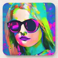 Bright Colorful Lady in Sunglasses Art Beverage Coaster