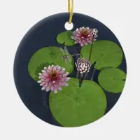 Pretty Pink Water Lily and Dragonfly Ceramic Ornament