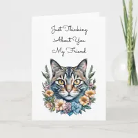 Cute Cat in Watercolor Flowers Thinking of You Card