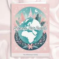 Peace On Earth World Planet Pastel Pink Christmas Holiday Card