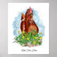 Hand drawn Chicken Art | Cute Chicken in Flowers Poster