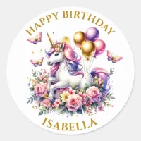 Pink Purple and Gold Unicorn Birthday Personalized Classic Round Sticker