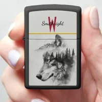 Wolf silhouette merges with mountains zippo lighter