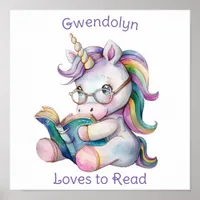 Nursery Art Poster Unicorn Reading Personlize