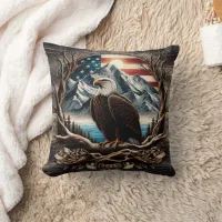 Eagle With Mountains and Flag Throw Pillow