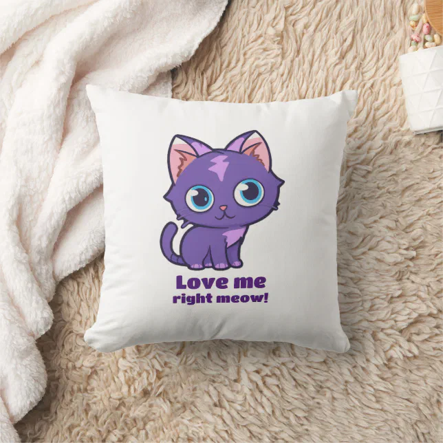 Purple Anime Cat Vector Art White Throw Pillow