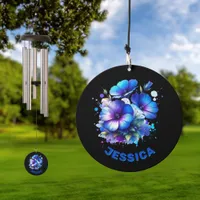 Blue Floral Name Monogram on black | Wind Chime