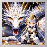 Anime Girl Warrior and Dragon Ai Art Poster