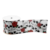 Gothic Skulls and Red Roses Patterned Satin Ribbon