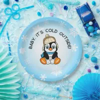 Cute Baby Penguin with Snowflakes Background Paper Plates