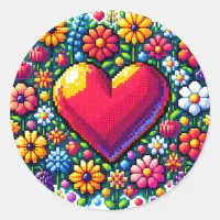 Heart in Flowers Pixel Art  Classic Round Sticker