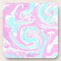 Pink, Teal Blue Swirled Marble Fluid Art   Beverage Coaster