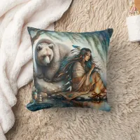 Native American Woman Sitting By Fire With Bear Throw Pillow