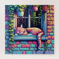 Sleepy Cat in Window Sill Ai Art Jigsaw Puzzle