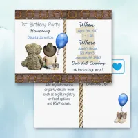 Lil Cowboy Baby Boy and Teddy Bear 1st Birthday Invitation Postcard