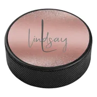 Rose Gold Brushed Metal Glitter Monogram | Hockey Puck