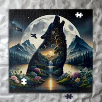 Mystical Wolf Howling at the Moon Surreal Ai Art Jigsaw Puzzle