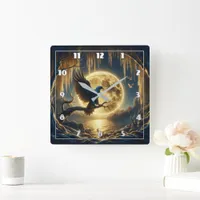 Eagle Perched on Branch by Full Moonlit Lake Square Wall Clock