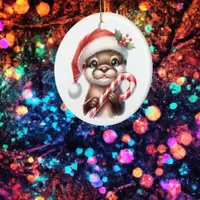 Adorable Christmas Otter in Santa Hat With Candy   Ceramic Ornament