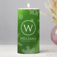 Festive Green Foil Snowflakes Monogram Name Pillar Candle