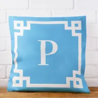 Light Sky Blue and White Greek Key Border Monogram Throw Pillow