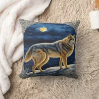 Majestic Wolf Standing Under a Full Moon Throw Pillow