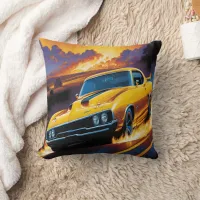 Vibrant hot rod racing into a sunset blaze throw pillow