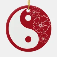 Red Hibiscus Flower Yin Yang Ceramic Ornament