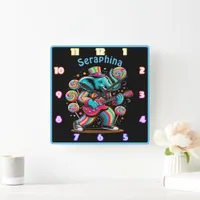 Elephant with guitar in candy swirls square wall clock