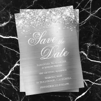 Glittery Silver Foil Photo Save the Date Invitation