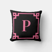 Black and Pink Greek Key Border Monogram Throw Pillow