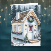 Cute Festive White Tiny Home Christmas Holiday Card