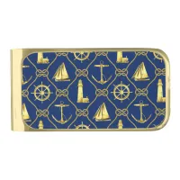 Classic Nautical Gold Blue Sailboat Lighthouse Gold Finish Money Clip