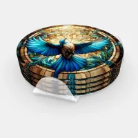 Serene Blue Bird Perched on Stained Glass Coaster Set