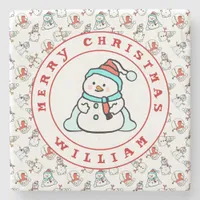 Merry Christmas Name Snowman White Stone Coaster